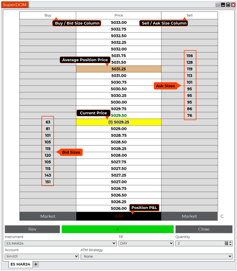 NinjaTrader SuperDOM General Navigation Points